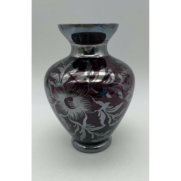 Vtg. Mid Century Murano Vase Ruby Red Glass with Silver Overlay - Picture 4 of 4